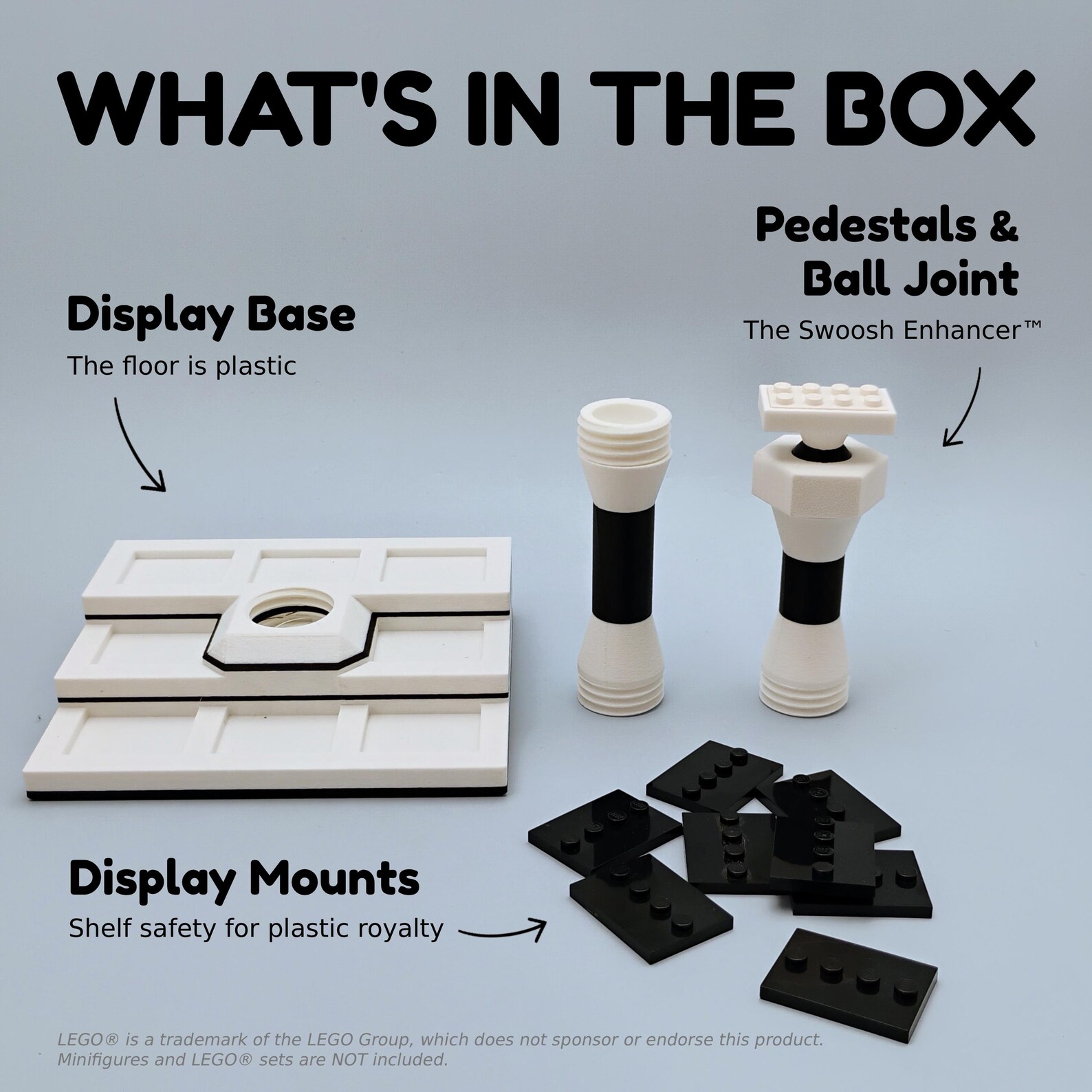 What’s in the box layout showing the base, minifig platform parts, stand columns, and ship mount pieces.