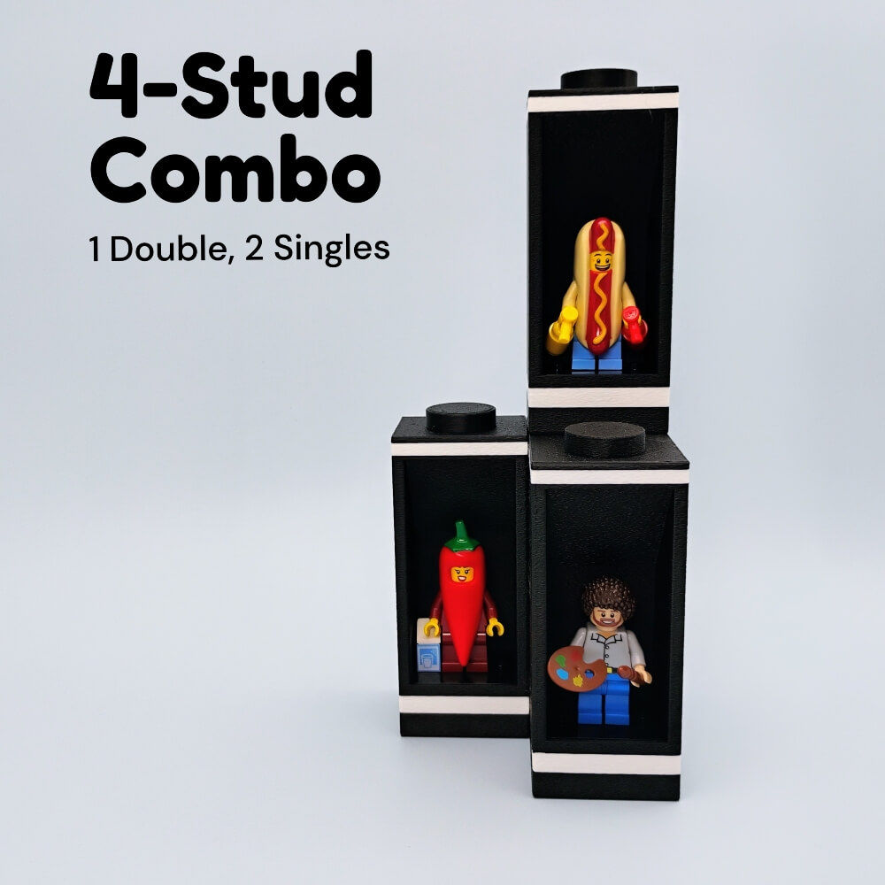 LEGO® compatible modular display set showing one double-stud unit and two single-stud units stacked together as a 4-stud combo. Each unit includes an authentic LEGO® 3×4 plate to hold figures securely. Displays connect with pins and stack safely without interlocking to prevent stress or damage. Perfect for showcasing superheroes, collectible series, or AFOL displays. Expandable modular system allows future combos and custom colors upon request.