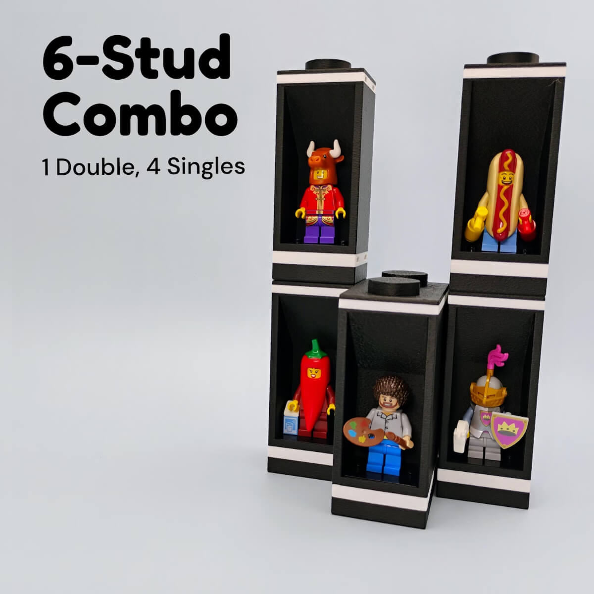 LEGO® compatible modular minifigure display set showing one double-stud case and four single-stud units stacked into a 6-stud combo. Includes authentic LEGO® 3×4 minifig plates to keep figures standing securely. Units connect with pins for stability but do not interlock, ensuring protection. Great choice for AFOLs, collectors, or gifts. Modular design expands with more combos and custom color requests available. Clean black and white style highlights any minifig collection.